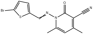 1-{[(5-bromo-2-thienyl)methylene]amino}-4,6-dimethyl-2-oxo-1,2-dihydro-3-pyridinecarbonitrile 구조식 이미지