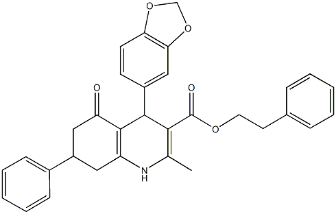 2-phenylethyl 4-(1,3-benzodioxol-5-yl)-2-methyl-5-oxo-7-phenyl-1,4,5,6,7,8-hexahydro-3-quinolinecarboxylate Structure