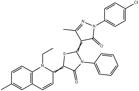 2-[1-(4-chlorophenyl)-3-methyl-5-oxo-1,5-dihydro-4H-pyrazol-4-ylidene]-5-(1-ethyl-6-methyl-2(1H)-quinolinylidene)-3-phenyl-1,3-thiazolidin-4-one Structure