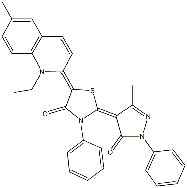 5-(1-ethyl-6-methyl-2(1H)-quinolinylidene)-2-(3-methyl-5-oxo-1-phenyl-1,5-dihydro-4H-pyrazol-4-ylidene)-3-phenyl-1,3-thiazolidin-4-one 구조식 이미지