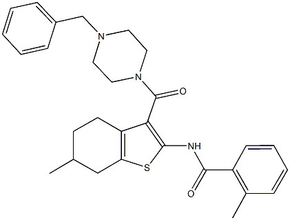 N-{3-[(4-benzyl-1-piperazinyl)carbonyl]-6-methyl-4,5,6,7-tetrahydro-1-benzothien-2-yl}-2-methylbenzamide 구조식 이미지