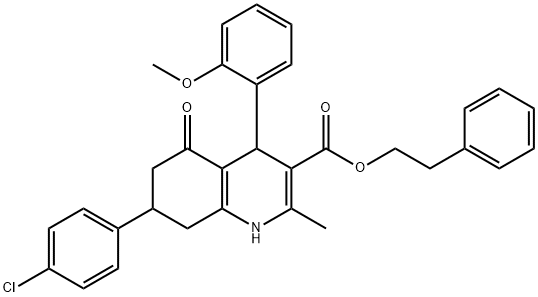 2-phenylethyl 7-(4-chlorophenyl)-4-(2-methoxyphenyl)-2-methyl-5-oxo-1,4,5,6,7,8-hexahydro-3-quinolinecarboxylate Structure