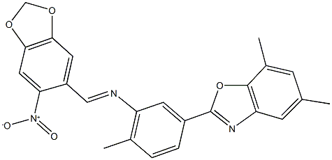 2-{3-[({6-nitro-1,3-benzodioxol-5-yl}methylene)amino]-4-methylphenyl}-5,7-dimethyl-1,3-benzoxazole 구조식 이미지