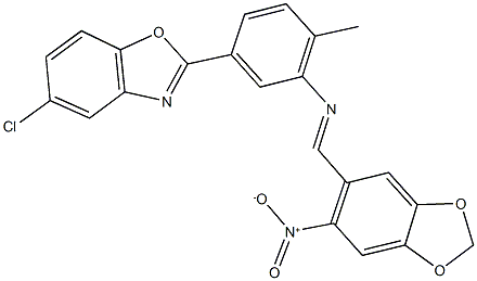 5-chloro-2-{3-[({6-nitro-1,3-benzodioxol-5-yl}methylene)amino]-4-methylphenyl}-1,3-benzoxazole Structure