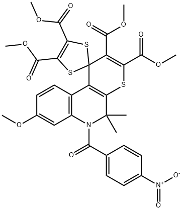 tetramethyl 8'-methoxy-5',5'-dimethyl-6'-(4-nitrobenzoyl)-5',6'-dihydrospiro[1,3-dithiole-2,1'-(1'H)-thiopyrano[2,3-c]quinoline]-2',3',4,5-dicarboxylate 구조식 이미지