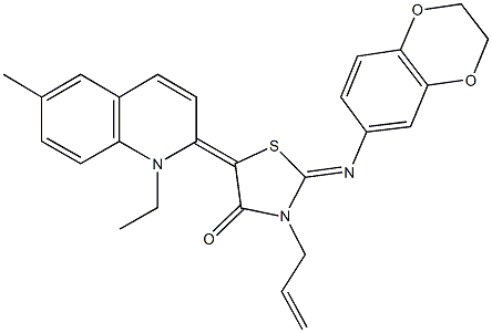 3-allyl-2-(2,3-dihydro-1,4-benzodioxin-6-ylimino)-5-(1-ethyl-6-methyl-2(1H)-quinolinylidene)-1,3-thiazolidin-4-one 구조식 이미지