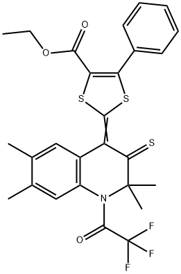 ethyl 5-phenyl-2-(2,2,6,7-tetramethyl-3-thioxo-1-(trifluoroacetyl)-2,3-dihydro-4(1H)-quinolinylidene)-1,3-dithiole-4-carboxylate 구조식 이미지