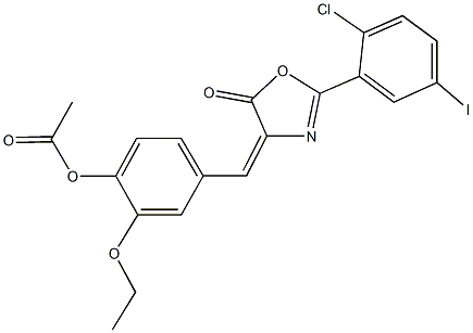 4-[(2-(2-chloro-5-iodophenyl)-5-oxo-1,3-oxazol-4(5H)-ylidene)methyl]-2-ethoxyphenyl acetate 구조식 이미지