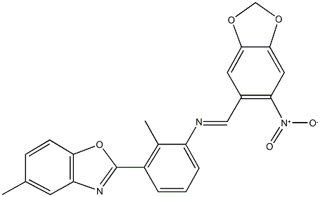 2-{3-[({6-nitro-1,3-benzodioxol-5-yl}methylene)amino]-2-methylphenyl}-5-methyl-1,3-benzoxazole 구조식 이미지