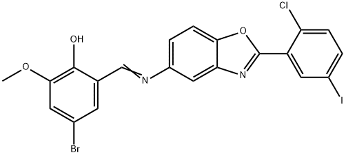 4-bromo-2-({[2-(2-chloro-5-iodophenyl)-1,3-benzoxazol-5-yl]imino}methyl)-6-methoxyphenol Structure