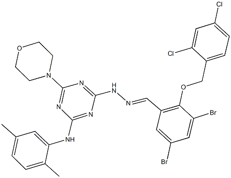 3,5-dibromo-2-{[(2,4-dichlorophenyl)methyl]oxy}benzaldehyde {4-[(2,5-dimethylphenyl)amino]-6-morpholin-4-yl-1,3,5-triazin-2-yl}hydrazone Structure