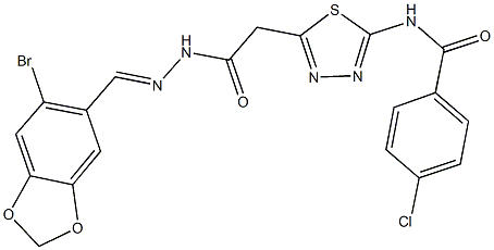 N-[5-(2-{2-[(6-bromo-1,3-benzodioxol-5-yl)methylene]hydrazino}-2-oxoethyl)-1,3,4-thiadiazol-2-yl]-4-chlorobenzamide 구조식 이미지