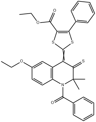 ethyl 2-(1-benzoyl-6-ethoxy-2,2-dimethyl-3-thioxo-2,3-dihydro-4(1H)-quinolinylidene)-5-phenyl-1,3-dithiole-4-carboxylate 구조식 이미지