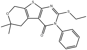 2-(ethylsulfanyl)-6,6-dimethyl-3-phenyl-3,5,6,8-tetrahydro-4H-pyrano[4',3':4,5]thieno[2,3-d]pyrimidin-4-one 구조식 이미지