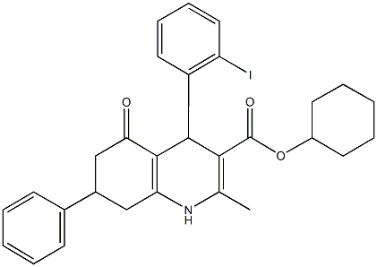 cyclohexyl 4-(2-iodophenyl)-2-methyl-5-oxo-7-phenyl-1,4,5,6,7,8-hexahydroquinoline-3-carboxylate 구조식 이미지