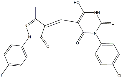 3-(4-chlorophenyl)-6-hydroxy-5-{[1-(4-iodophenyl)-3-methyl-5-oxo-1,5-dihydro-4H-pyrazol-4-ylidene]methyl}-2,4(1H,3H)-pyrimidinedione Structure