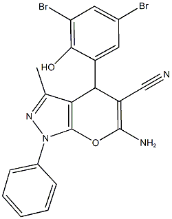 6-amino-4-(3,5-dibromo-2-hydroxyphenyl)-3-methyl-1-phenyl-1,4-dihydropyrano[2,3-c]pyrazole-5-carbonitrile Structure