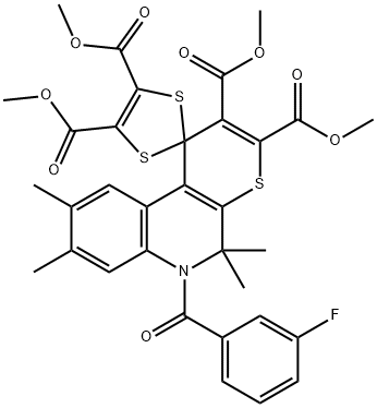 tetramethyl 6'-(3-fluorobenzoyl)-5',5',8',9'-tetramethyl-5',6'-dihydrospiro[1,3-dithiole-2,1'-(1'H)-thiopyrano[2,3-c]quinoline]-2',3',4,5-tetracarboxylate 구조식 이미지