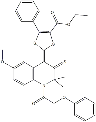 ethyl 2-(6-methoxy-2,2-dimethyl-1-(phenoxyacetyl)-3-thioxo-2,3-dihydro-4(1H)-quinolinylidene)-5-phenyl-1,3-dithiole-4-carboxylate Structure