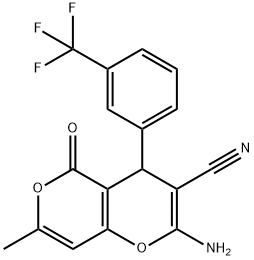 2-amino-7-methyl-5-oxo-4-[3-(trifluoromethyl)phenyl]-4H,5H-pyrano[4,3-b]pyran-3-carbonitrile Structure