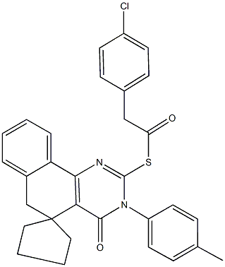 S-[3-(4-methylphenyl)-4-oxo-3,4,5,6-tetrahydrospiro(benzo[h]quinazoline-5,1'-cyclopentane)-2-yl] (4-chlorophenyl)ethanethioate 구조식 이미지