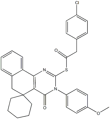 S-[3-(4-methoxyphenyl)-4-oxo-3,4,5,6-tetrahydrospiro(benzo[h]quinazoline-5,1'-cyclohexane)-2-yl] (4-chlorophenyl)ethanethioate 구조식 이미지