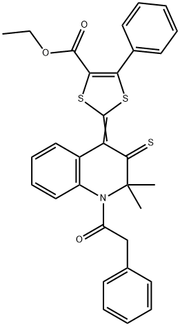 ethyl 2-(2,2-dimethyl-1-(phenylacetyl)-3-thioxo-2,3-dihydro-4(1H)-quinolinylidene)-5-phenyl-1,3-dithiole-4-carboxylate 구조식 이미지