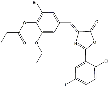 2-bromo-4-[(2-(2-chloro-5-iodophenyl)-5-oxo-1,3-oxazol-4(5H)-ylidene)methyl]-6-ethoxyphenyl propionate 구조식 이미지