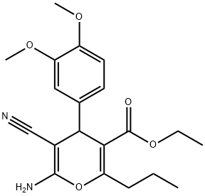 ethyl 6-amino-5-cyano-4-(3,4-dimethoxyphenyl)-2-propyl-4H-pyran-3-carboxylate 구조식 이미지