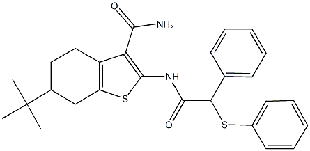 6-tert-butyl-2-{[phenyl(phenylsulfanyl)acetyl]amino}-4,5,6,7-tetrahydro-1-benzothiophene-3-carboxamide 구조식 이미지