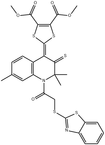 dimethyl 2-(1-[(1,3-benzothiazol-2-ylsulfanyl)acetyl]-2,2,7-trimethyl-3-thioxo-2,3-dihydro-4(1H)-quinolinylidene)-1,3-dithiole-4,5-dicarboxylate 구조식 이미지