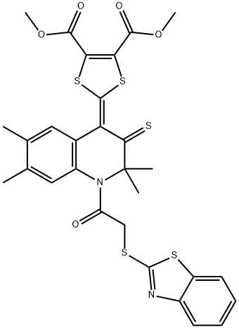 dimethyl 2-(1-[(1,3-benzothiazol-2-ylsulfanyl)acetyl]-2,2,6,7-tetramethyl-3-thioxo-2,3-dihydro-4(1H)-quinolinylidene)-1,3-dithiole-4,5-dicarboxylate 구조식 이미지