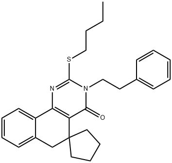 2-(butylsulfanyl)-3-(2-phenylethyl)-5,6-dihydrospiro(benzo[h]quinazoline-5,1'-cyclopentane)-4(3H)-one 구조식 이미지