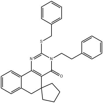 3-(2-phenylethyl)-2-[(phenylmethyl)sulfanyl]-5,6-dihydro-4(3H)-oxospiro(benzo[h]quinazoline-5,1'-cyclopentane) Structure