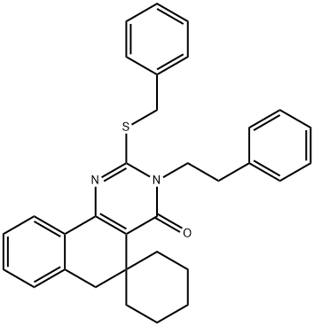 2-(benzylsulfanyl)-3-(2-phenylethyl)-5,6-dihydrospiro(benzo[h]quinazoline-5,1'-cyclohexane)-4(3H)-one 구조식 이미지