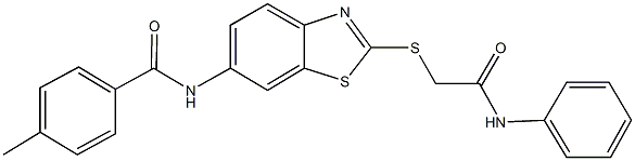 N-{2-[(2-anilino-2-oxoethyl)sulfanyl]-1,3-benzothiazol-6-yl}-4-methylbenzamide 구조식 이미지