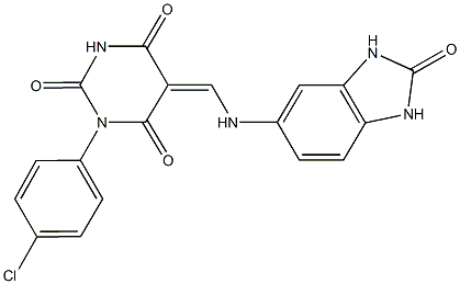 1-(4-chlorophenyl)-5-{[(2-oxo-2,3-dihydro-1H-benzimidazol-5-yl)amino]methylene}-2,4,6(1H,3H,5H)-pyrimidinetrione Structure
