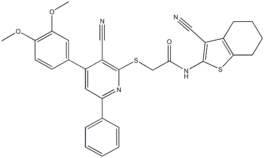 2-{[3-cyano-4-(3,4-dimethoxyphenyl)-6-phenyl-2-pyridinyl]sulfanyl}-N-(3-cyano-4,5,6,7-tetrahydro-1-benzothiophen-2-yl)acetamide Structure