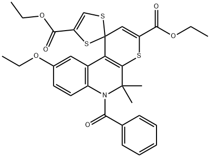 diethyl 6'-benzoyl-9'-ethoxy-5',5'-dimethyl-5',6'-dihydrospiro[1,3-dithiole-2,1'-(1'H)-thiopyrano[2,3-c]quinoline]-3',4-dicarboxylate 구조식 이미지