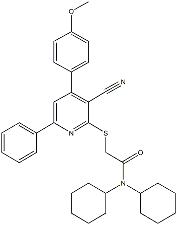 2-{[3-cyano-4-(4-methoxyphenyl)-6-phenyl-2-pyridinyl]sulfanyl}-N,N-dicyclohexylacetamide 구조식 이미지