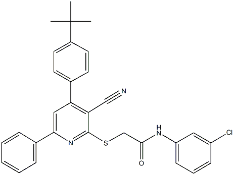 2-{[4-(4-tert-butylphenyl)-3-cyano-6-phenyl-2-pyridinyl]sulfanyl}-N-(3-chlorophenyl)acetamide 구조식 이미지