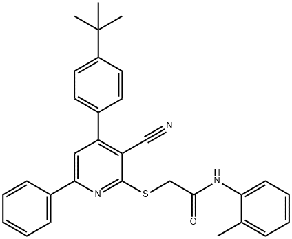 2-{[4-(4-tert-butylphenyl)-3-cyano-6-phenyl-2-pyridinyl]sulfanyl}-N-(2-methylphenyl)acetamide 구조식 이미지