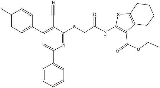 ethyl 2-[({[3-cyano-4-(4-methylphenyl)-6-phenyl-2-pyridinyl]sulfanyl}acetyl)amino]-4,5,6,7-tetrahydro-1-benzothiophene-3-carboxylate Structure
