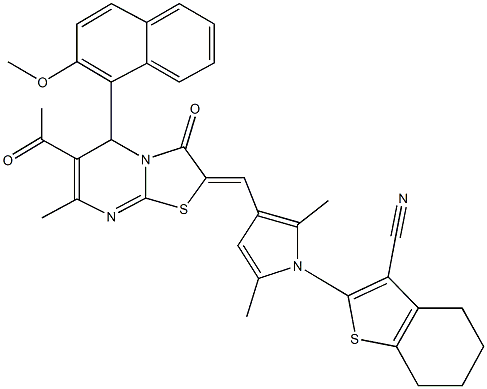 2-(3-{[6-acetyl-5-(2-methoxy-1-naphthyl)-7-methyl-3-oxo-5H-[1,3]thiazolo[3,2-a]pyrimidin-2(3H)-ylidene]methyl}-2,5-dimethyl-1H-pyrrol-1-yl)-4,5,6,7-tetrahydro-1-benzothiophene-3-carbonitrile 구조식 이미지