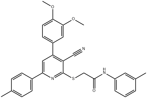 2-{[3-cyano-4-(3,4-dimethoxyphenyl)-6-(4-methylphenyl)-2-pyridinyl]sulfanyl}-N-(3-methylphenyl)acetamide Structure