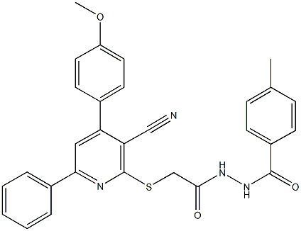 2-{[3-cyano-4-(4-methoxyphenyl)-6-phenyl-2-pyridinyl]sulfanyl}-N'-(4-methylbenzoyl)acetohydrazide 구조식 이미지