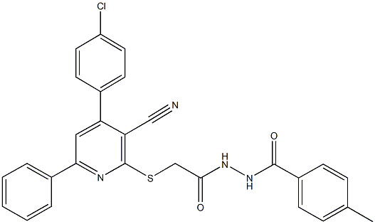 2-{[4-(4-chlorophenyl)-3-cyano-6-phenyl-2-pyridinyl]sulfanyl}-N'-(4-methylbenzoyl)acetohydrazide Structure