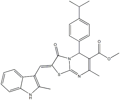 methyl 5-(4-isopropylphenyl)-7-methyl-2-[(2-methyl-1H-indol-3-yl)methylene]-3-oxo-2,3-dihydro-5H-[1,3]thiazolo[3,2-a]pyrimidine-6-carboxylate 구조식 이미지