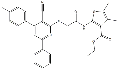 ethyl 2-[({[3-cyano-4-(4-methylphenyl)-6-phenyl-2-pyridinyl]sulfanyl}acetyl)amino]-4,5-dimethyl-3-thiophenecarboxylate 구조식 이미지