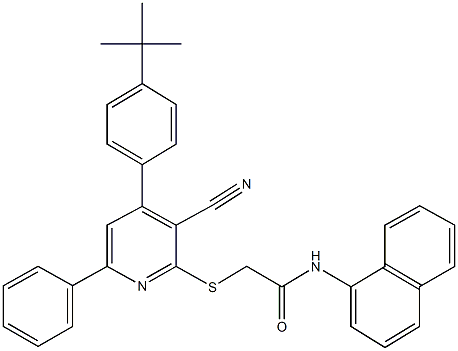 2-{[4-(4-tert-butylphenyl)-3-cyano-6-phenyl-2-pyridinyl]sulfanyl}-N-(1-naphthyl)acetamide 구조식 이미지